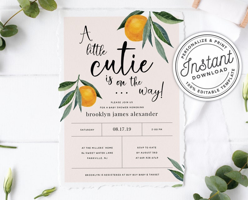 A Little Cutie is on the Way Clementine Orange Baby Shower Invitation INSTANT DOWNLOAD Editable Template 0B94 image 7