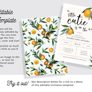 A Little Cutie is on the Way Clementine Orange Gender Neutral Baby Shower Invitation INSTANT DOWNLOAD Editable Template 0B94 image 3