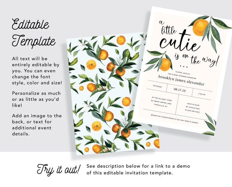 A Little Cutie is on the Way Clementine Orange Gender Neutral Baby Shower Invitation INSTANT DOWNLOAD Editable Template 0B94 image 3