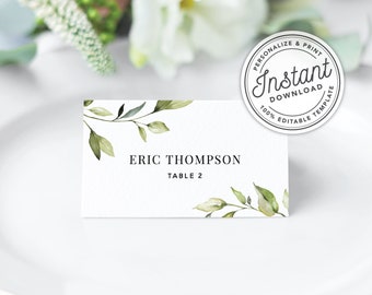 Einfache Greenery druckbare Hochzeit Tischkarten mit Aquarellblättern (flach und Zelt gefaltet) • SOFORTIGER DOWNLOAD • Bearbeitbare Vorlage