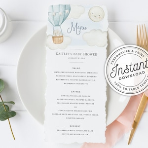 Up Up and Away Hot Air Balloon Boy Baby Shower Menu Printable • INSTANT DOWNLOAD • Editable Template