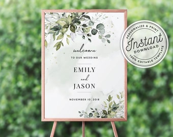 Watercolor Boho Greenery Wedding Welcome Sign w/ Eucalyptus Leaves (16x20, 18x24, 20x30, 24x36) • INSTANT DOWNLOAD • Editable Template #027