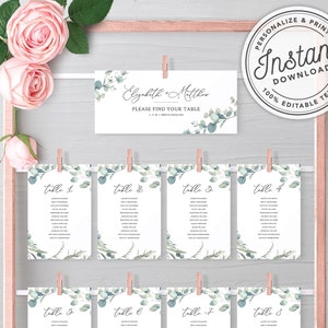 Cartões de assentos de casamento para impressão com guirlanda Boho com vegetação de eucalipto em 2 tamanhos (4x6" e 5x7") • DOWNLOAD INSTANTÂNEO • Modelo editável #023
