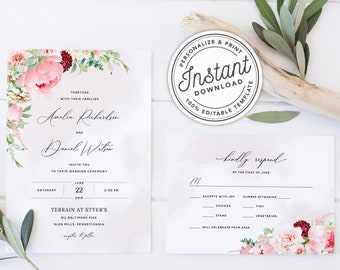 Blush Pink Floral Garden Boho Wedding Invitation Template Suite with Watercolor Peonies & Greenery • INSTANT DOWNLOAD • Editable, Printable