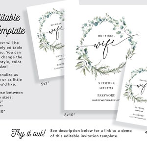 Printable But First Wifi Password Sign with Eucalyptus Greenery in 3 Sizes 4x6 5x7 and 8x10 INSTANT DOWNLOAD Editable Template image 2