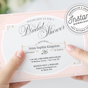 Great Gatsby Bridal Shower Invitation, Pink + Gold, 1920s Art Deco Invitation • INSTANT DOWNLOAD • Printable, Editable Template