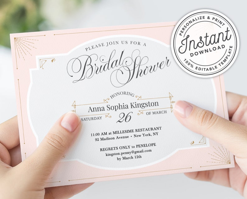 Great Gatsby Bridal Shower Invitation, Pink Gold, 1920s Art Deco Invitation INSTANT DOWNLOAD Printable, Editable Template image 1