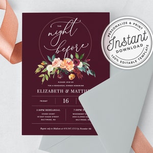 Burgundy Boho Floral Greenery Wreath The Night Before Rehearsal Dinner Invitation • INSTANT DOWNLOAD • Printable, Editable Template