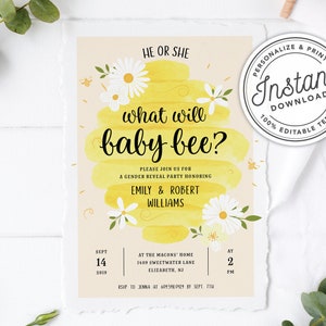 What Will Baby Bee Gender Reveal Party Invitation with Watercolor Beehive & Honeycomb Instant Editable, Printable Template image 1