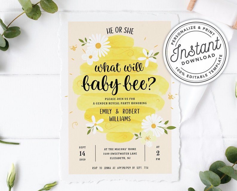 What Will Baby Bee Gender Reveal Party Invitation with Watercolor Beehive & Honeycomb Instant Editable, Printable Template image 1