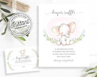 Little Elephant Baby Shower Diaper Raffle Sign & Ticket in Pink (Girl) • INSTANT DOWNLOAD • Editable Printable Template