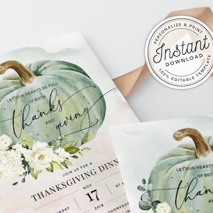 Hearts Full of Thanks and Giving Dinner Invitation w/ Watercolor Autumn Pumpkin INSTANT DOWNLOAD Printable, Editable Template 078 image 2