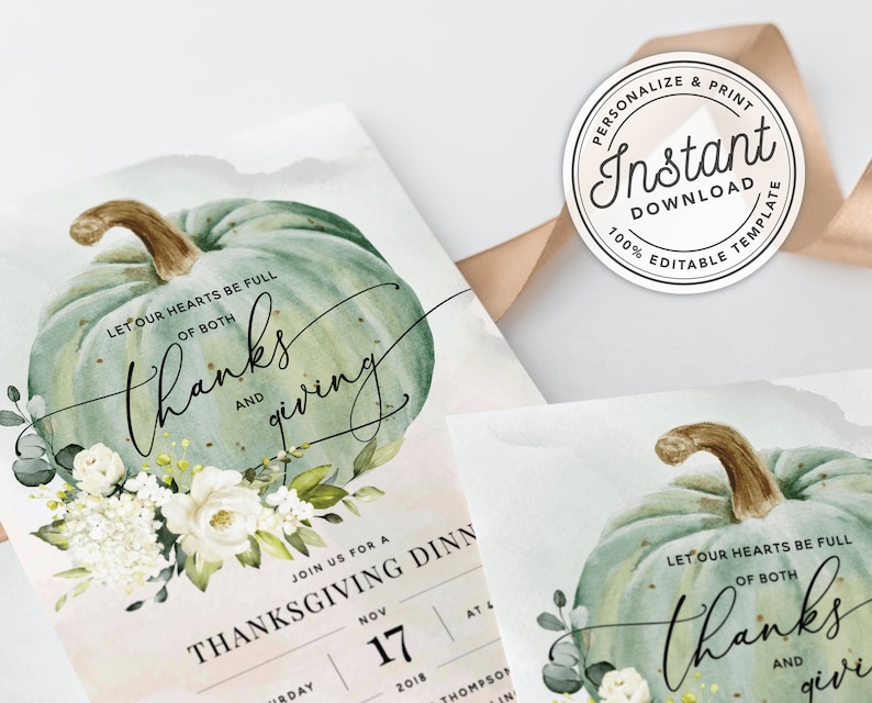 Hearts Full of Thanks and Giving Dinner Invitation w/ Watercolor Autumn Pumpkin INSTANT DOWNLOAD Printable, Editable Template 078 image 2