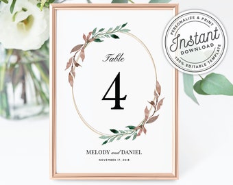 Boho Copper & Greenery Wreath Wedding Table Numbers in 2 Sizes (4x6" and 5x7") • INSTANT DOWNLOAD • Editable Template #086