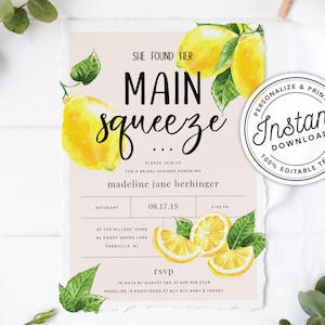 She Found Her Main Squeeze Bridal Shower Invitation with Lemon Citrus Watercolor INSTANT DOWNLOAD Printable, Editable Template image 1