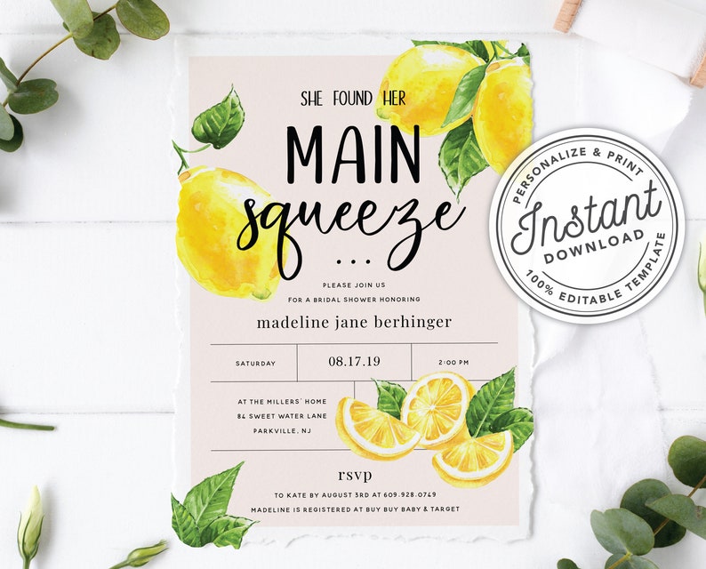 She Found Her Main Squeeze Bridal Shower Invitation with Lemon Citrus Watercolor INSTANT DOWNLOAD Printable, Editable Template image 1