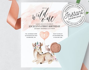 Wild One Boho Woodland Girl's 1st Birthday Party Invitation • INSTANT DOWNLOAD • Editable Template