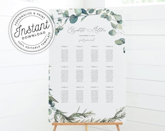 Boho Wreath Printable Wedding Seating Chart with Eucalyptus Greenery (18x24, 24x36, A2, A1) • INSTANT DOWNLOAD • Editable Template #023