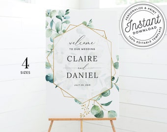 Gold Geometric Greenery Wedding Welcome Sign Printable (16x20, 18x24, 20x30, 24x36) • INSTANT DOWNLOAD • Editable Template #W0E01X