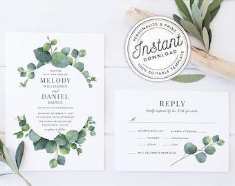 Boho Wedding Invitation Template Suite with Eucalyptus Greenery Wreath • INSTANT DOWNLOAD • Printable, Editable Template