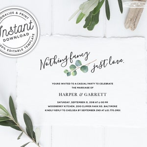 Nothing Fancy Just Love Elopement Announcement Reception Invitation, Eucalyptus Greenery • INSTANT DOWNLOAD • Printable, Editable Template