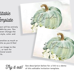 Friendsgiving or Thanksgiving Printable Place Cards w/ Watercolor Autumn Pumpkin Flat & Folded INSTANT DOWNLOAD Editable Template 078 image 2