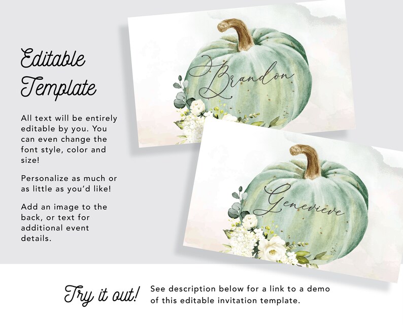 Friendsgiving or Thanksgiving Printable Place Cards w/ Watercolor Autumn Pumpkin Flat & Folded INSTANT DOWNLOAD Editable Template 078 image 2