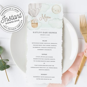 Up Up and Away Gorące powietrze Balon Bez względu na płeć Menu Baby Shower Do Wydrukowania • NATYCHMIASTOWE POBIERANIE • Edytowalny Szablon #B0S0GN1