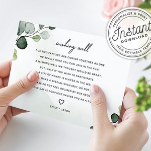 Aquarel Boho Greenery Wedding Wishing Well-kaartsjabloon met eucalyptusbladeren • INSTANT DOWNLOAD • Afdrukbare, bewerkbare sjabloon #027