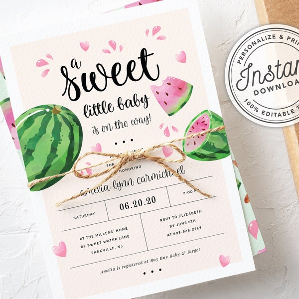 A Sweet Little Baby is on the Way Gender Neutral Watermelon Baby Shower Invitation • INSTANT DOWNLOAD • Editable Template