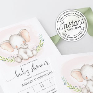 Baby Elephant Girl Baby Shower Invitation Printable in Pink • INSTANT ...