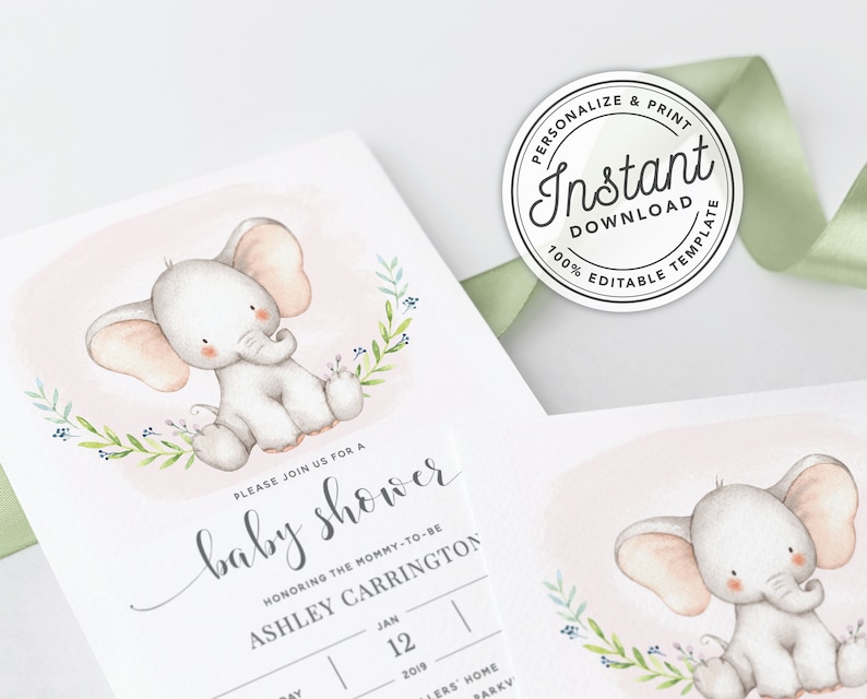 Baby Elephant Girl Baby Shower Invitation Printable in Pink - Etsy