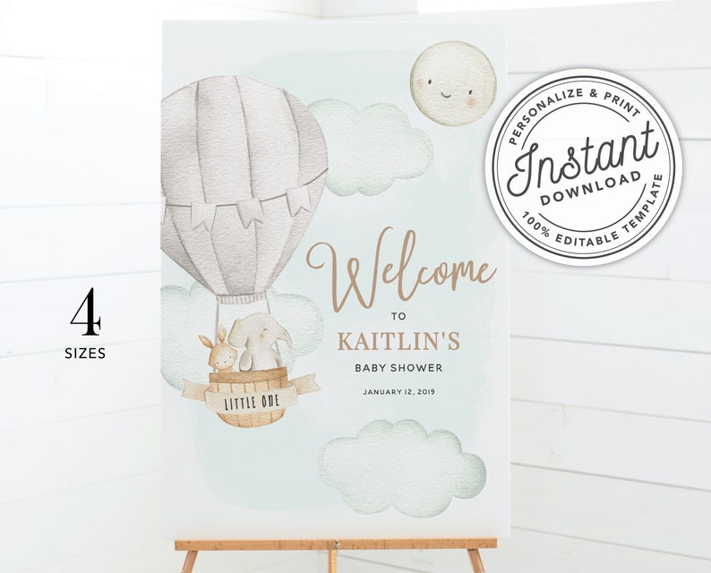 Up Up Hot Air Balloon Baby Shower Welcome Sign Printable 16x20, 18x24, 20x30 and 24x36 INSTANT DOWNLOAD Editable Template B0S0GN1 image 4