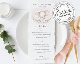 Baby Elephant Girl Baby Shower Menu in Pink • INSTANT DOWNLOAD • Editable Template