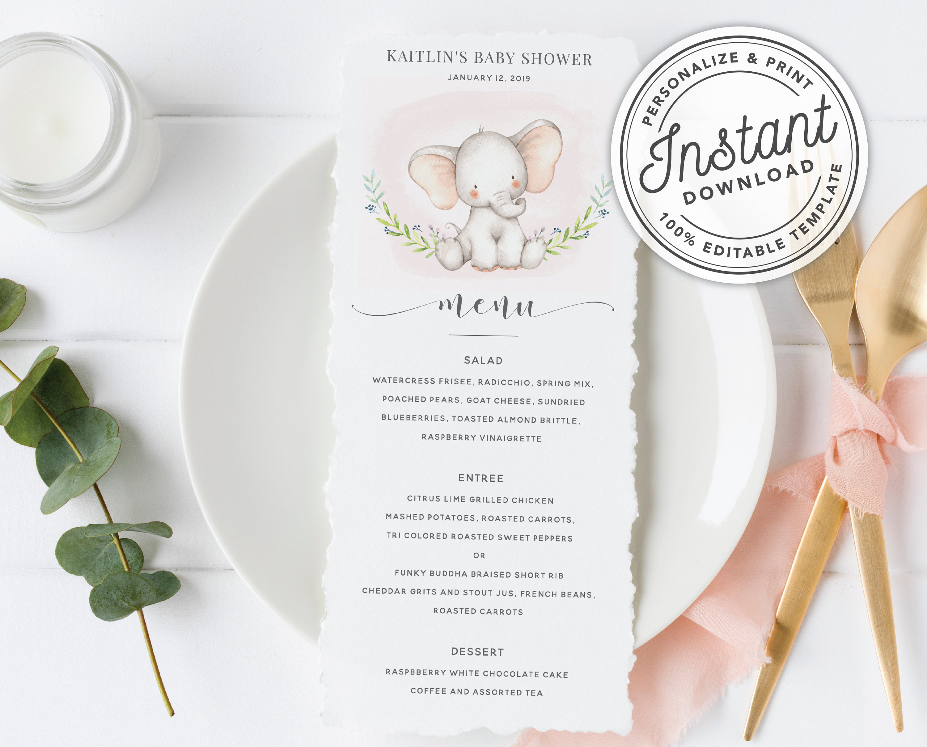 Baby Elephant Girl Baby Shower Menu in Pink INSTANT DOWNLOAD | Etsy