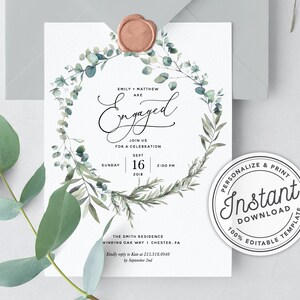 Boho Eucalyptus Wreath Engagement Party Invitation with Greenery • INSTANT DOWNLOAD • Printable, Editable Template