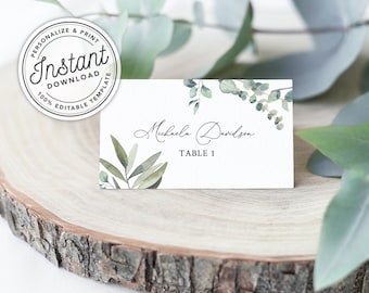 Boho Wreath Printable Wedding Place Cards with Eucalyptus Greenery (Flat and Tent Folded) • INSTANT DOWNLOAD • Editable Template #023