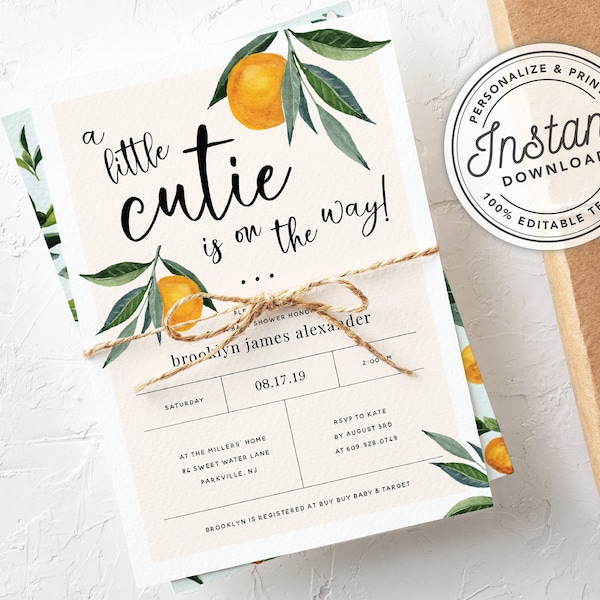 A Little Cutie is on the Way Clementine Orange Gender Neutral Baby Shower Invitation • INSTANT DOWNLOAD • Editable Template  #0B94