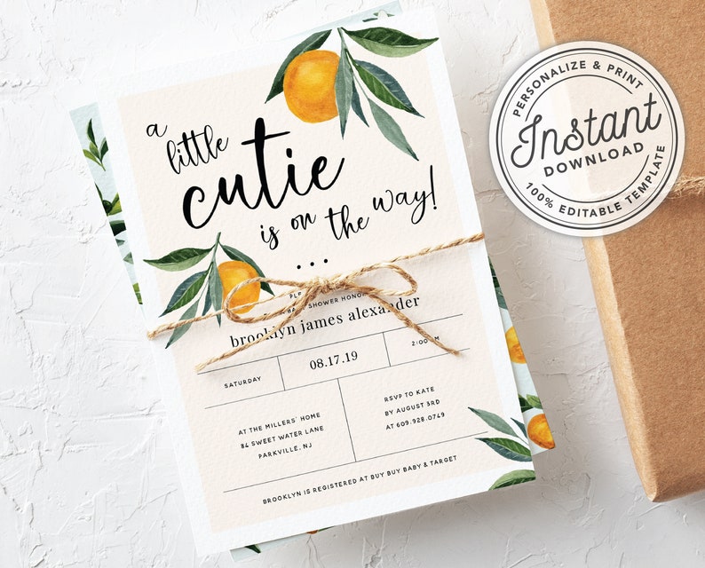 A Little Cutie is on the Way Clementine Orange Gender Neutral Baby Shower Invitation INSTANT DOWNLOAD Editable Template 0B94 image 1