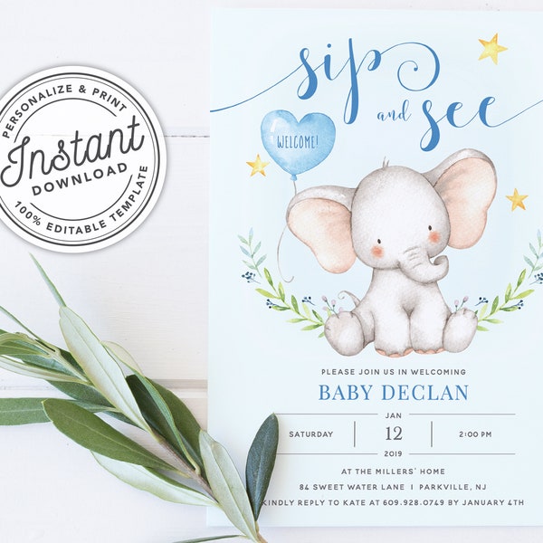 Printable Welcome Baby Boy Elephant Sip & See Invitation in Blue • INSTANT DOWNLOAD • Editable Template