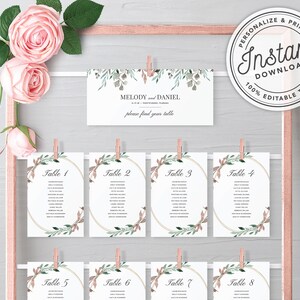 Guirlanda Boho com Folhas de Cobre e Cartões de Assentos de Casamento Verdes em 2 Tamanhos (4x6" e 5x7") • DOWNLOAD INSTANTÂNEO • Modelo Editável #086