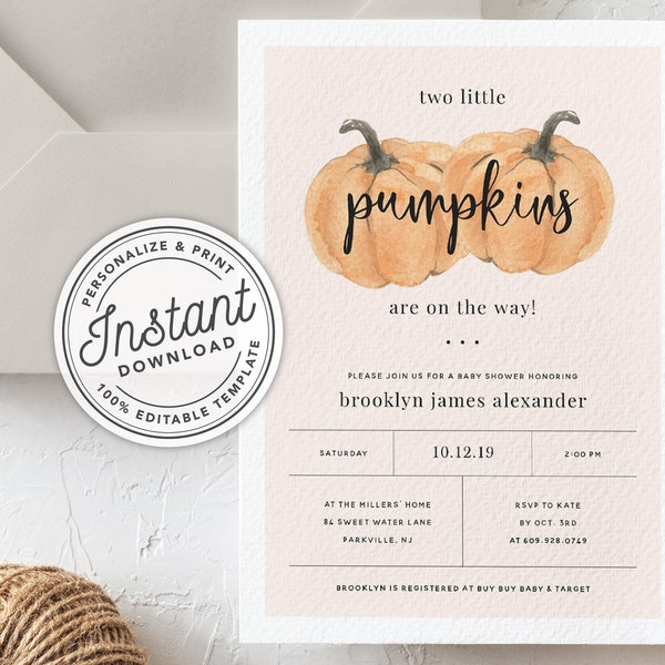 Boho Fall Two Little Pumpkins Twins Baby Shower Invitation • INSTANT DOWNLOAD • Editable Template