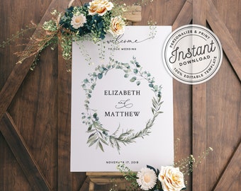 Boho Wreath Printable Wedding Welcome Sign with Eucalyptus Greenery (16x20, 18x24, 20x30, 24x36) • INSTANT DOWNLOAD • Editable Template #023