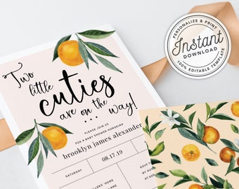 Two Little Cuties are on the Way Clementine Orange Twins Baby Shower Invitation • INSTANT DOWNLOAD • Editable Template #0B94