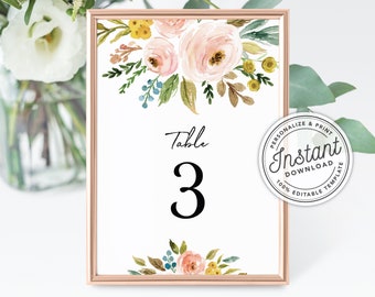 Boho Fall Floral Printable Table Numbers (Bridal Shower, Wedding, Dinner, Brunch) • INSTANT DOWNLOAD • Editable Template #013