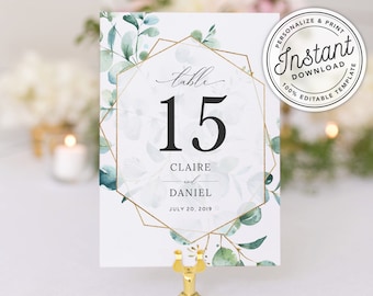 Gold Geometric Greenery Wedding Table Numbers Printable in 2 Sizes (4x6" and 5x7") • INSTANT DOWNLOAD • Editable Template #W0E01X