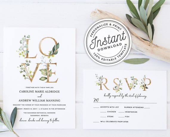 Greenery Gold Botanical Love Wedding Invitation Template Etsy