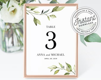 Simple Greenery Wedding Table Numbers w/ Watercolor Leaves in 2 Sizes (4x6" and 5x7") • INSTANT DOWNLOAD • Editable Template