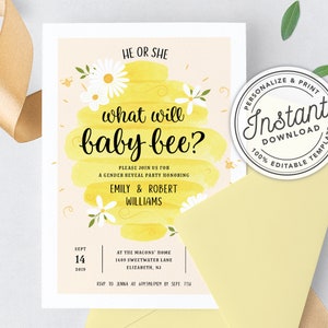 What Will Baby Bee Gender Reveal Party Invitation with Watercolor Beehive & Honeycomb Instant Editable, Printable Template image 5