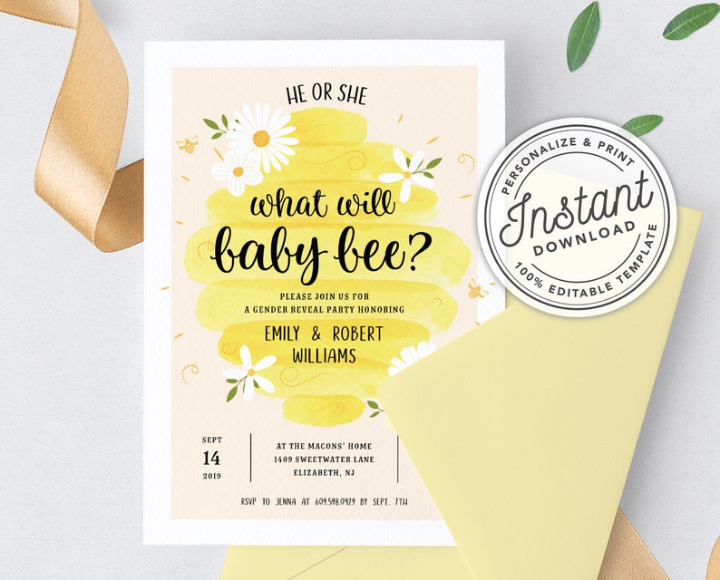 What Will Baby Bee Gender Reveal Party Invitation with Watercolor Beehive & Honeycomb Instant Editable, Printable Template image 5